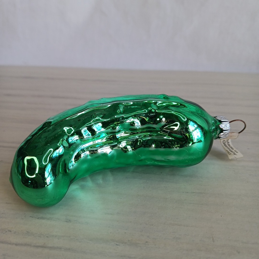 West Germany Glass Green Pickle Christmas Ornament 4 in